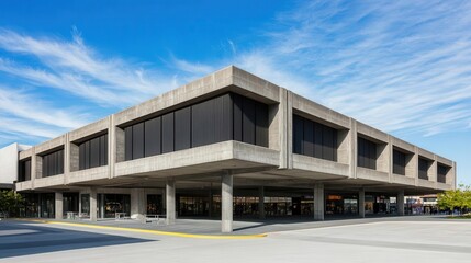 A Neo Brutalist shopping center with a heavy, angular design and concrete detailing, Neo Brutalism, shopping center, angular