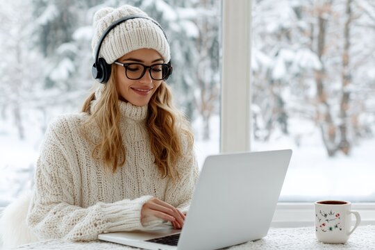 A person in a cozy knit sweater and hat, wearing headphones, using a laptop in front of a wintery window view with snow-covered landscape, enjoying a warm drink.