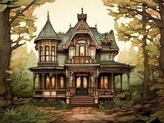 Fototapeta premium A charming Victorian house with intricate woodwork, surrounded by vibrant autumn trees and a stone pathway.AI generated.