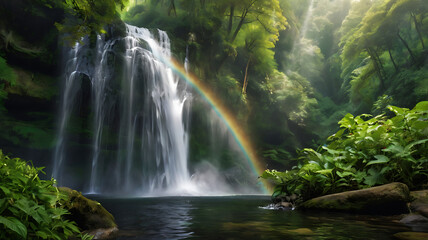 waterfall and rainbow beautiful scene 