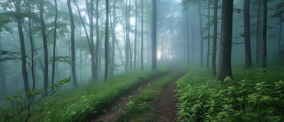 Naklejka premium Enchanting Foggy Forest Path: Tranquil Trail Amidst Misty Trees and Sunlit Canopy