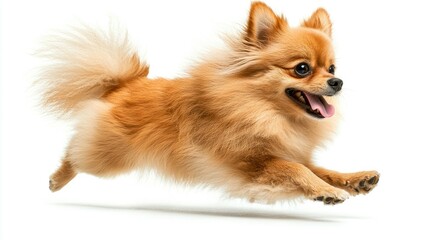 Obraz premium A Small Orange Dog Leaping Through the Air with its Tongue Out