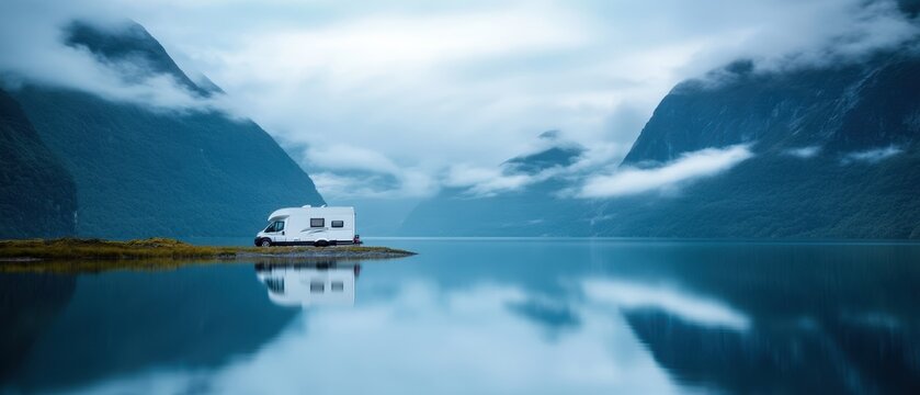 Tranquil campervan adventure by misty mountain lake in serene wilderness