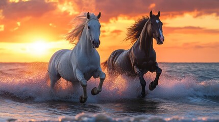 A dramatic scene of two wild horses, one white and one black, galloping through the ocean waves during a vibrant sunset
