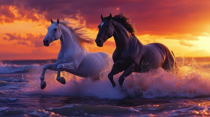 Fototapeta premium A dramatic scene of two wild horses, one white and one black, galloping through the ocean waves during a vibrant sunset