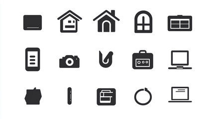 Naklejka premium Black and white icons of various objects including a house, camera, laptop, and window arranged in a grid pattern on a light background