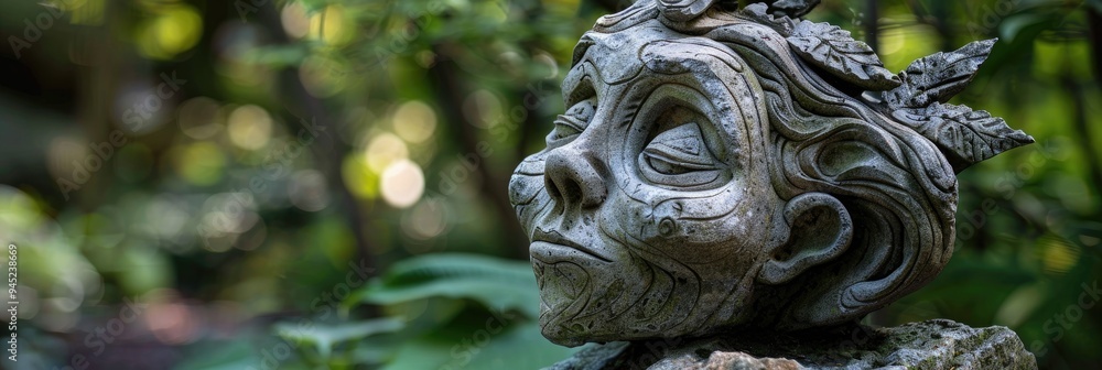 Poster a playful stone sculpture representing a storybook character in a garden setting