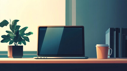Fototapeta premium A serene workspace with a laptop, a plant, and a coffee cup in a sunlit room during morning hours