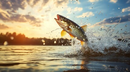 Fototapeta premium photograph of Close up of Fish jumping over the surface water in lake with splashing of water and beautiful sky background, fishing on lake concept