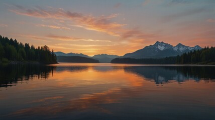 a beautiful sunset over a lake with mountains in the background.