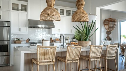 Obraz premium Modern kitchen with rattan accents and plants, designed for casual dining and relaxation.
