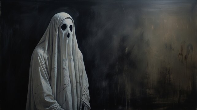 a man in a white costume stands in front of a black background with a spooky ghost on it.