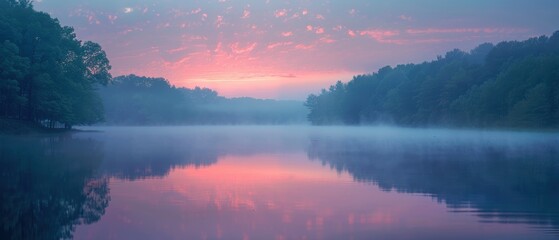 Tranquil Forest Lake at Sunrise with Rising Mist and Pastel Sky