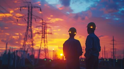 Fototapeta premium Silhouetted engineers at sunset near power lines