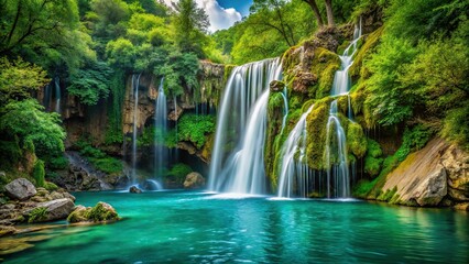 9. A stunning turquoise green waterfall cascading down a rugged rocky cliff, surrounded by lush green vegetation, a realistic photo image.