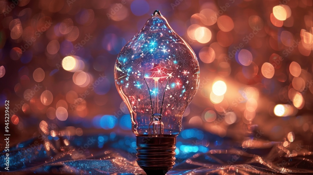 Wall mural light bulb with galaxy inside and bokeh.