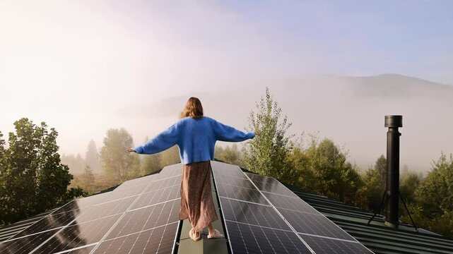 A woman walks on a rooftop with solar panels in a misty morning, symbolizing freedom, energy independence, and autonomy amidst a serene mountain landscape