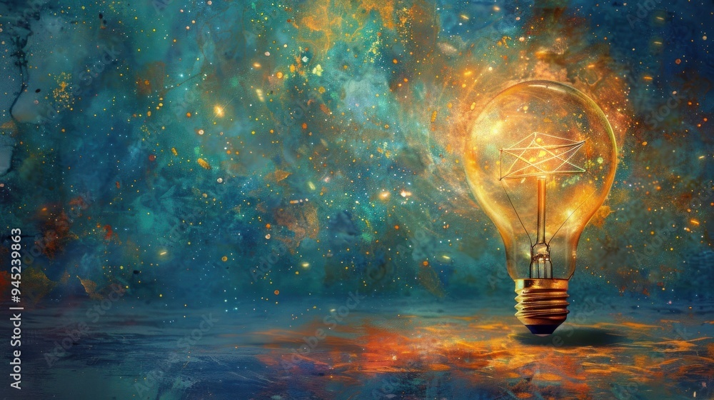 Canvas Prints glowing lightbulb on abstract galaxy background.