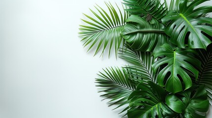 Obraz premium A flat lay image of various tropical leaves against a white background.