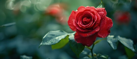 Vivid Red Rose Close-Up with Detailed Petals and Soft Greenery Background