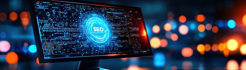 Enhancing SEO Strategies - Computer Screen Showing Highlighted Keywords on Search Engine Interface with Copy Space for Text