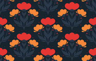 Obraz premium Vector decorative folk art seamless pattern. Simple floral ornament. Geometric surface design with silhouettes of flowers and leaves on dark background for fabrics and wallpapers.