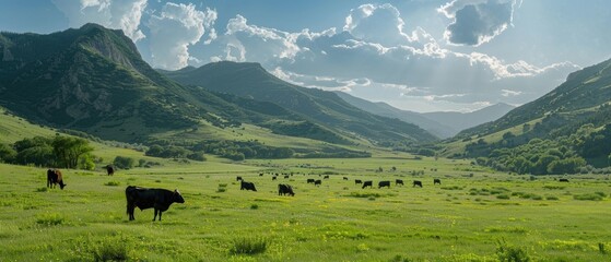 Serene Green Valley Bliss: Cattle Grazing in Picturesque Pasture