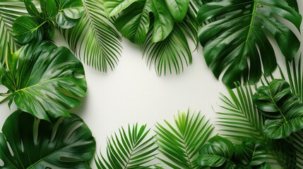 A frame of tropical green leaves against a white background.