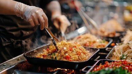 Street Food Noodles in a Frying Pan