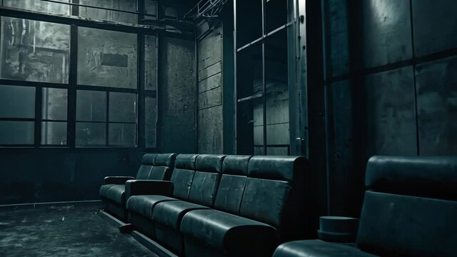 Video footage of  interior space with a dark and moody atmosphere,Rows of black leather seats are neatly arranged an abandoned waiting area terminal
