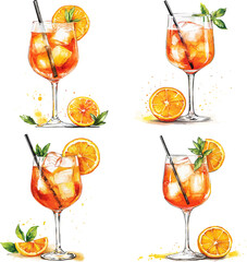 Spritz Cocktail Watercolor Set Vector Illustration.