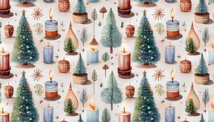 Seamless festive pattern featuring hand-drawn Christmas trees, colorful candles, and holiday decorations in a cozy, warm-toned arrangement.