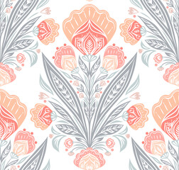 Vector decorative folk art pattern in delicate colors on white background. Tracery floral symmetrical seamless texture with pink poppies and foliage bouquets for wallpaper, fabric