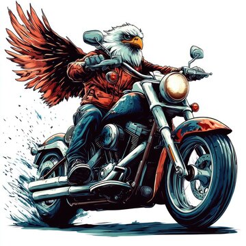 An anthropomorphic eagle riding a motorcycle with its wings spread