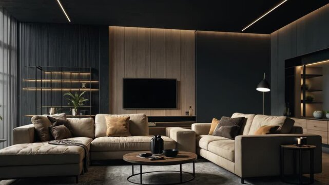 Video footage of modern living room interior at night, illuminated by ambient lighting
