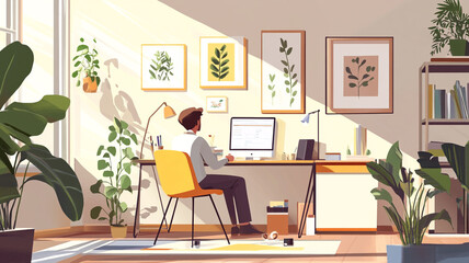 A person working at a sunny home office adorned with plants and framed botanical art during the afternoon