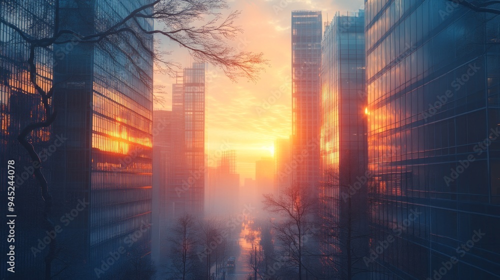 Poster a city skyline with a tree in the foreground and a sunset in the background