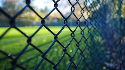Fototapeta premium Chain Link Fence Close-Up with Blurred Green Field Background