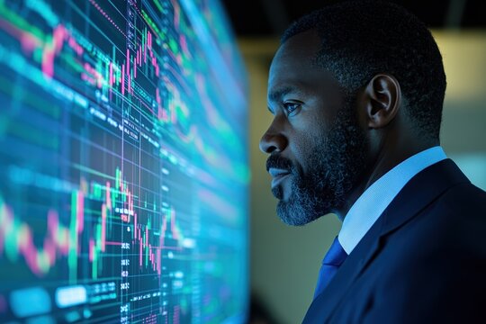 Portrait of Serious African American Financial Adviser Analyzing Stock Market Trends on Large Screen