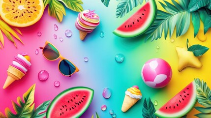 photograph of Colorful Summer Sale Banner with Sunglasses, Watermelon, Ice Cream, and Beach Ball, Vibrant Summer Sale Advertisement with Beach Accessories,Fruits and Tropical leaves.Vector illustratio