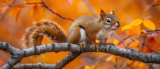 Obraz premium Curious Squirrel Captured in Close-up on Tree Branch in Forest Setting