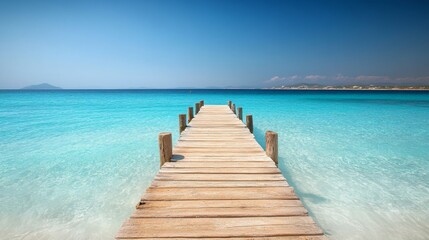 Obraz premium Wooden pier reaching into turquoise waters of Illetes beach in Formentera, one of the Balearic islands in the Mediterranean Sea.