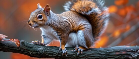 Curious Squirrel Observing from a Tree Branch in Close-up Details