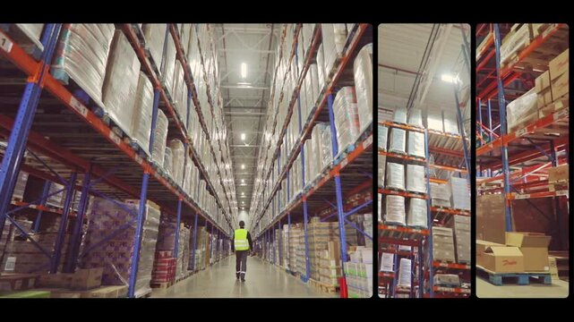 Workflow in a large modern warehouse. Several shots from a modern warehouse in one video. Industrial interior. Modern warehouse, multiwindow video. Forklift in a modern warehouse