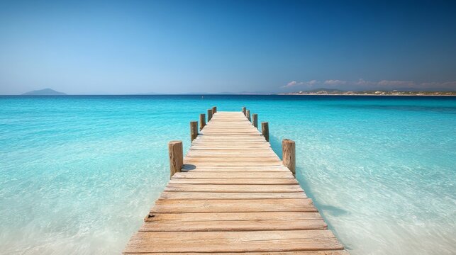 Wooden pier reaching into turquoise waters of Illetes beach in Formentera, one of the Balearic islands in the Mediterranean Sea.