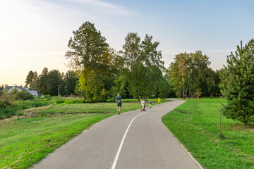 A group of people are walking on a path in a park
