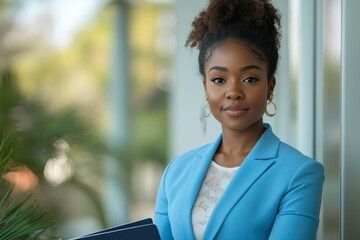 Confident African American Businesswoman in Blue Blazer Holding Portfolio for Meeting Preparation