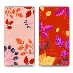 Autumn template background for flyer background poster cover brochure, print, social media . Autumn background with colorful fallen leaves branches and berries creative design.Vector set illustration