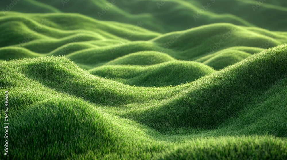 Poster a lush green field with rolling hills and a sense of tranquility