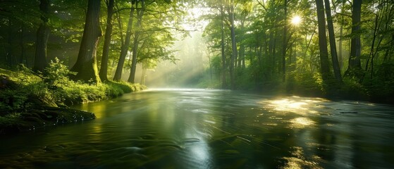 Obraz premium Tranquil River Flowing Through Lush Green Forest with Sunlight Filtering Through Trees